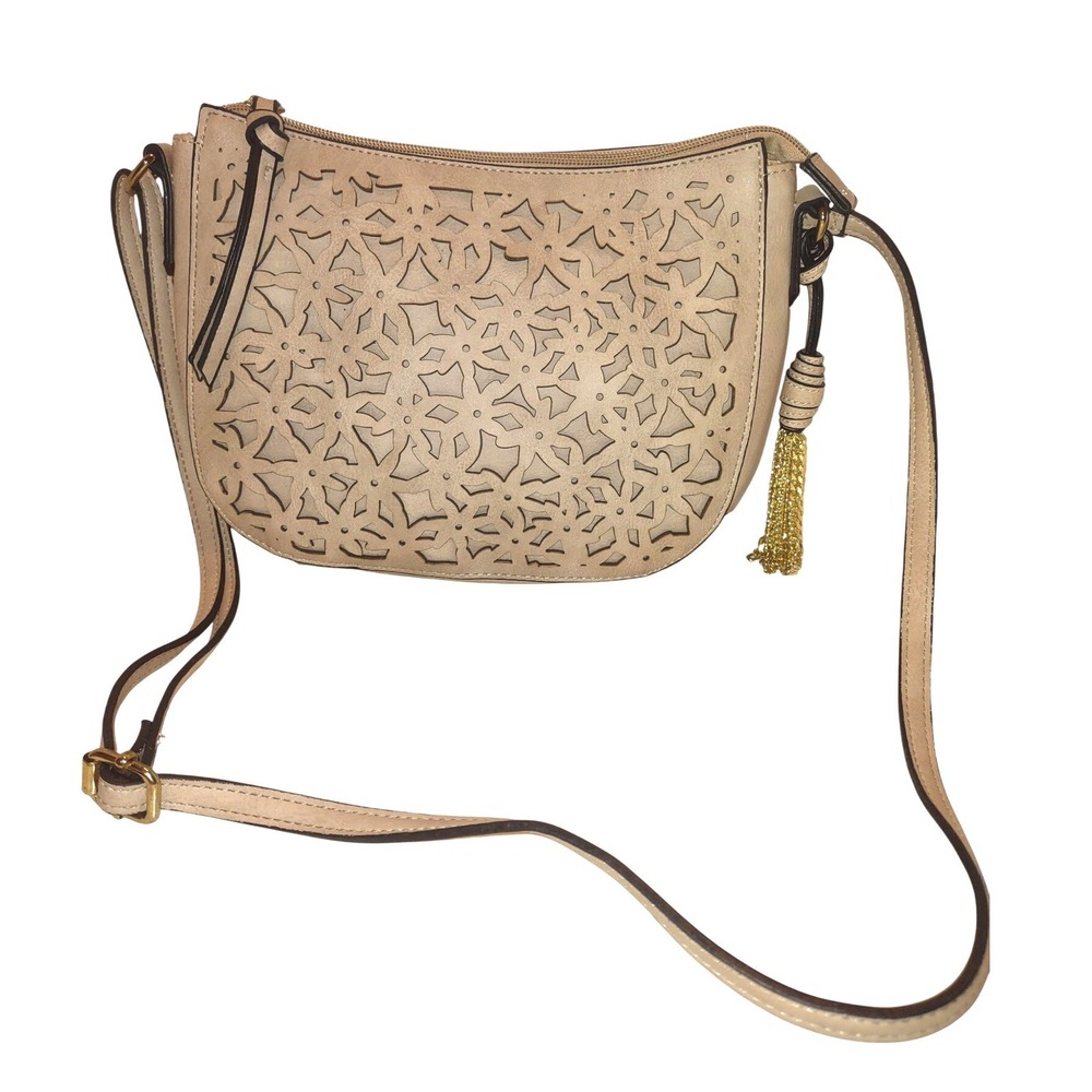 BUENO Beige Cut Out Tassel Crossbody Shoulder Bag Purse Floral Chic 10x2.5x7